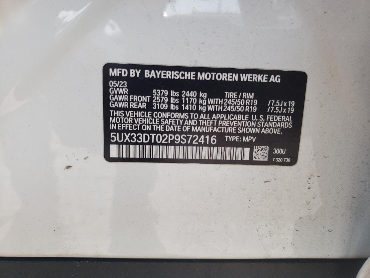 2023 BMW X4 xDrive30I VIN: 5UX33DT02P9S72416 Lot: 62223185