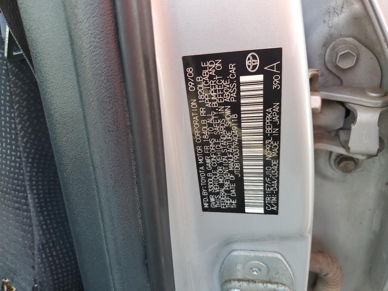 2009 Toyota Yaris VIN: JTDBT903794049118 Lot: 61024865