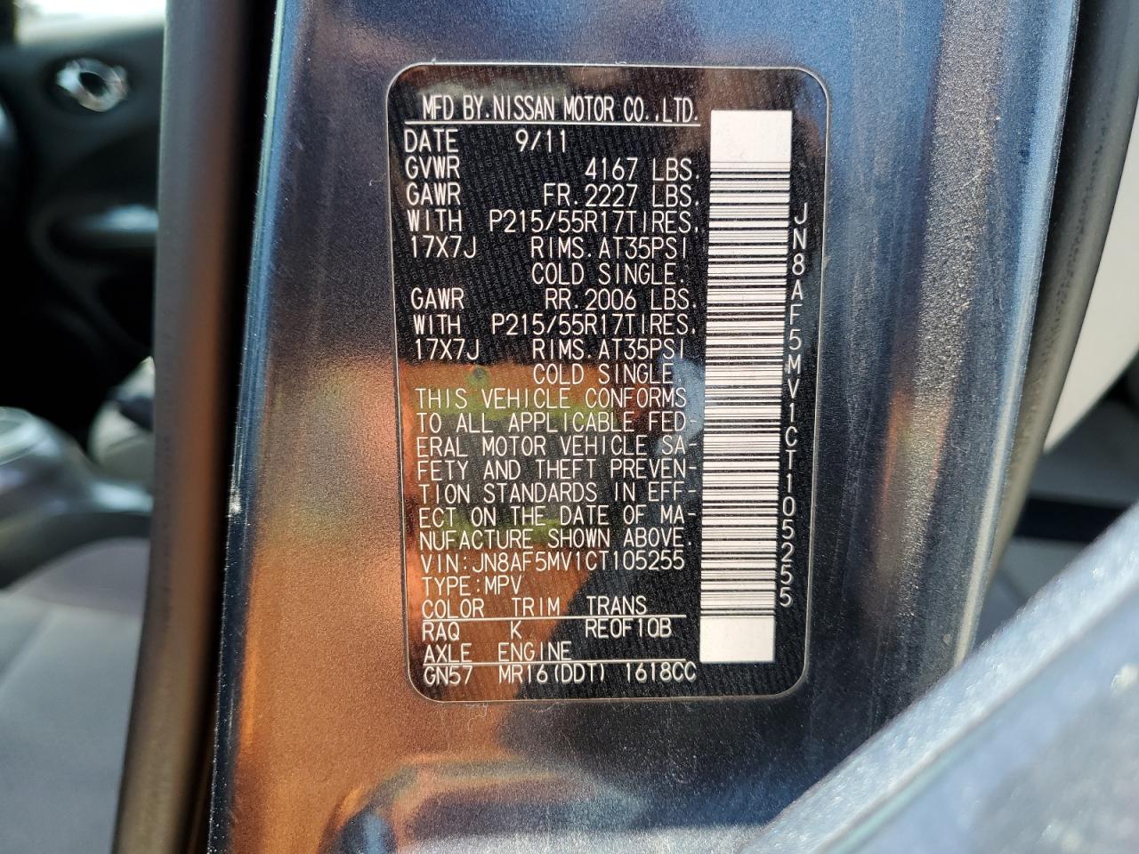 2012 Nissan Juke S VIN: JN8AF5MV1CT105255 Lot: 61239755