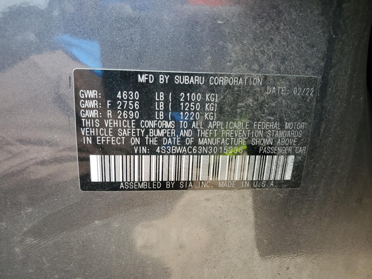 2022 Subaru Legacy Premium VIN: 4S3BWAC63N3015238 Lot: 58767565