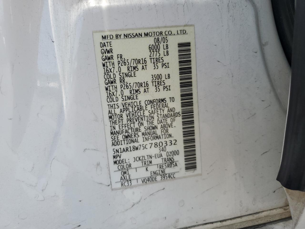 2005 Nissan Pathfinder Le VIN: 5N1AR18W75C780332 Lot: 61069055