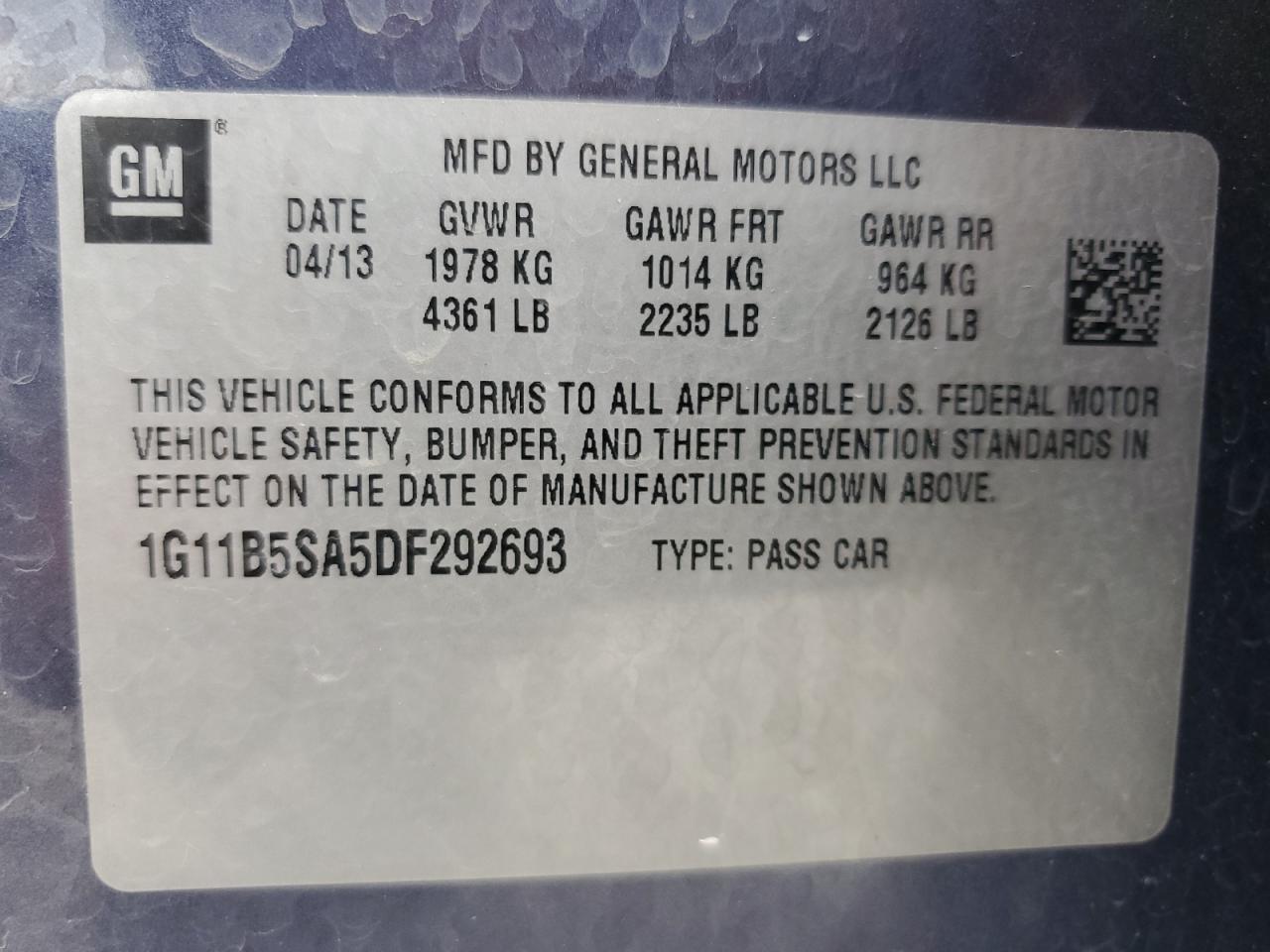 2013 Chevrolet Malibu Ls VIN: 1G11B5SA5DF292693 Lot: 62711335