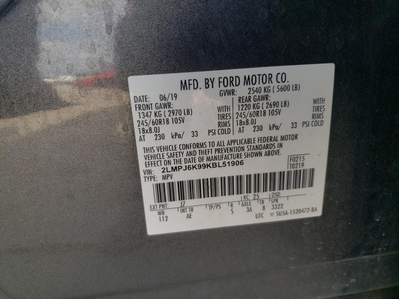 2019 Lincoln Nautilus Select VIN: 2LMPJ6K99KBL51906 Lot: 62113045
