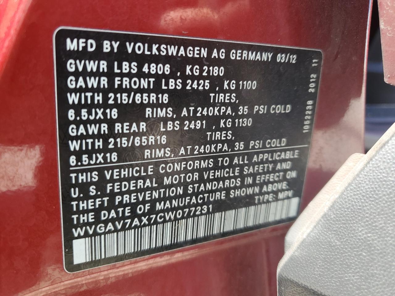 2012 Volkswagen Tiguan S VIN: WVGAV7AX7CW077231 Lot: 62350405