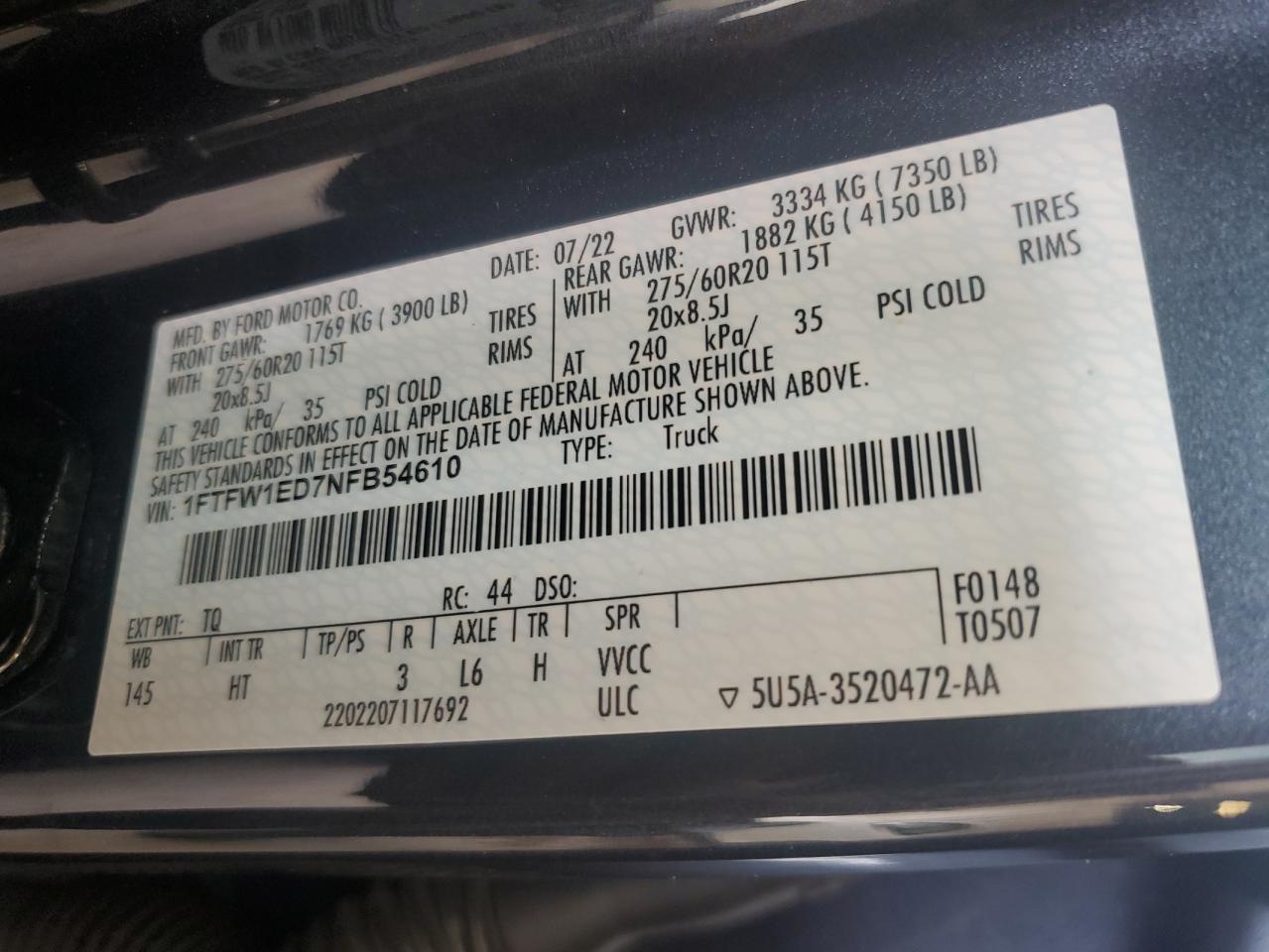 2022 Ford F150 Supercrew VIN: 1FTFW1ED7NFB54610 Lot: 62881775