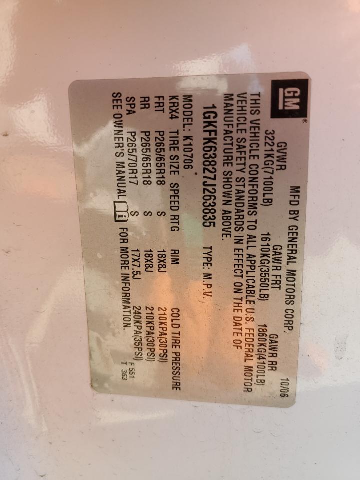 2007 GMC Yukon Denali VIN: 1GKFK63827J263835 Lot: 61187615