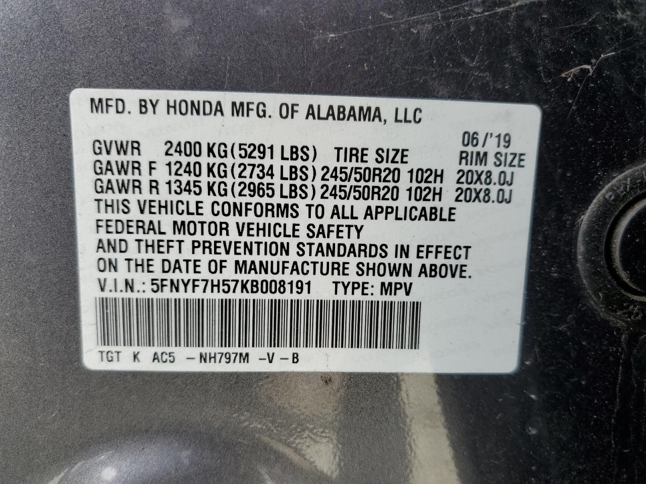 2019 Honda Passport Exl VIN: 5FNYF7H57KB008191 Lot: 61985565