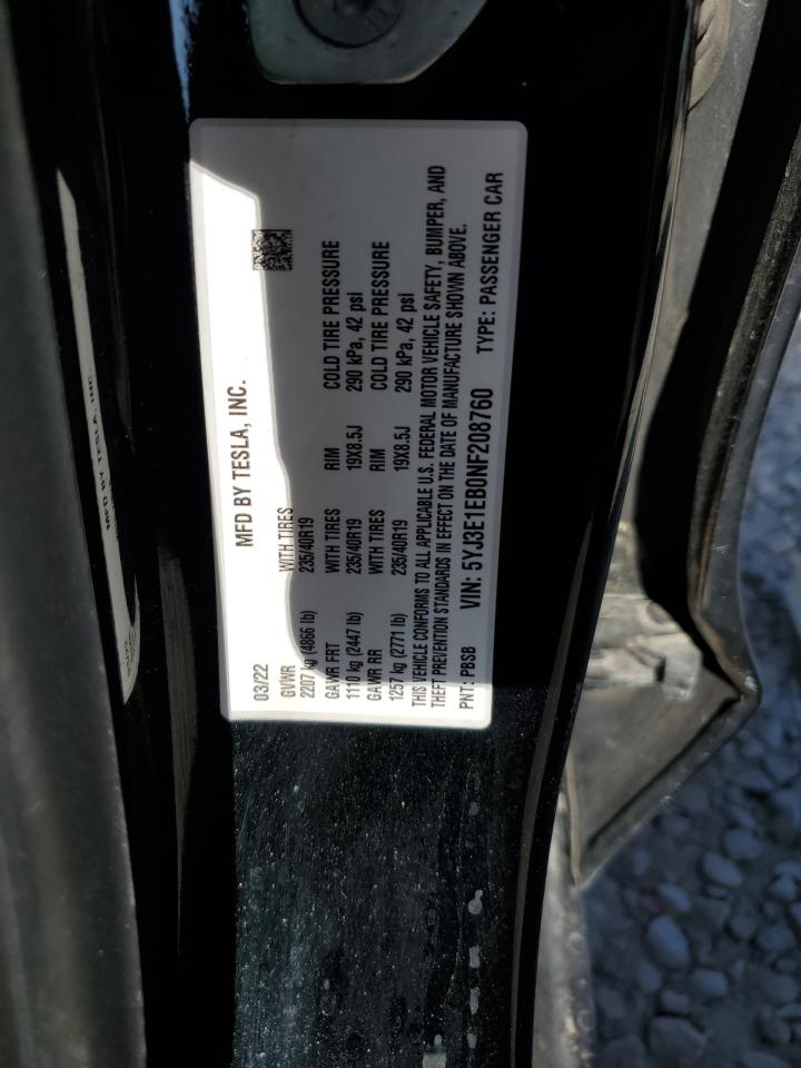 2022 Tesla Model 3 VIN: 5YJ3E1EB0NF208760 Lot: 62647965
