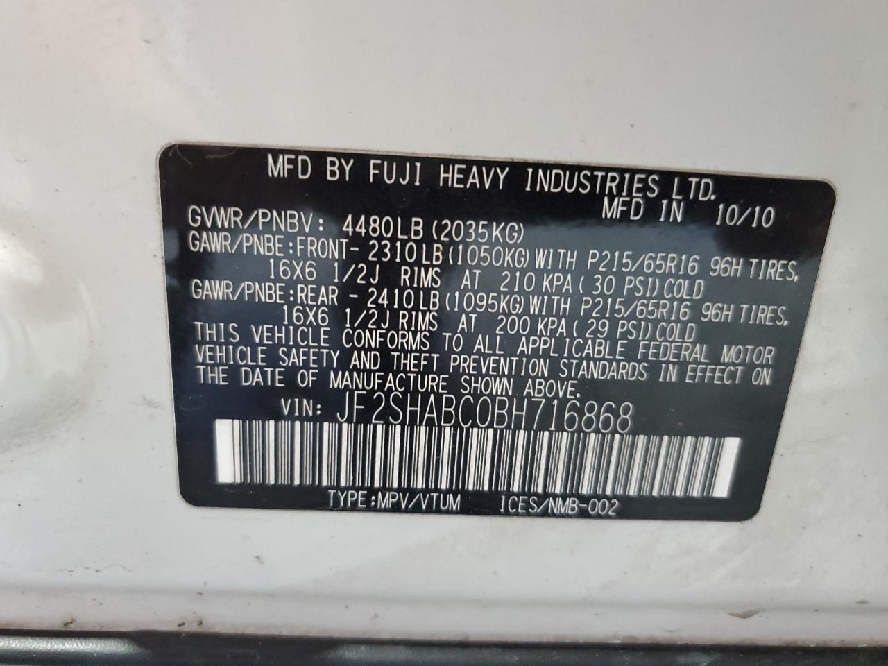 2011 Subaru Forester 2.5X VIN: JF2SHABC0BH716868 Lot: 61779575
