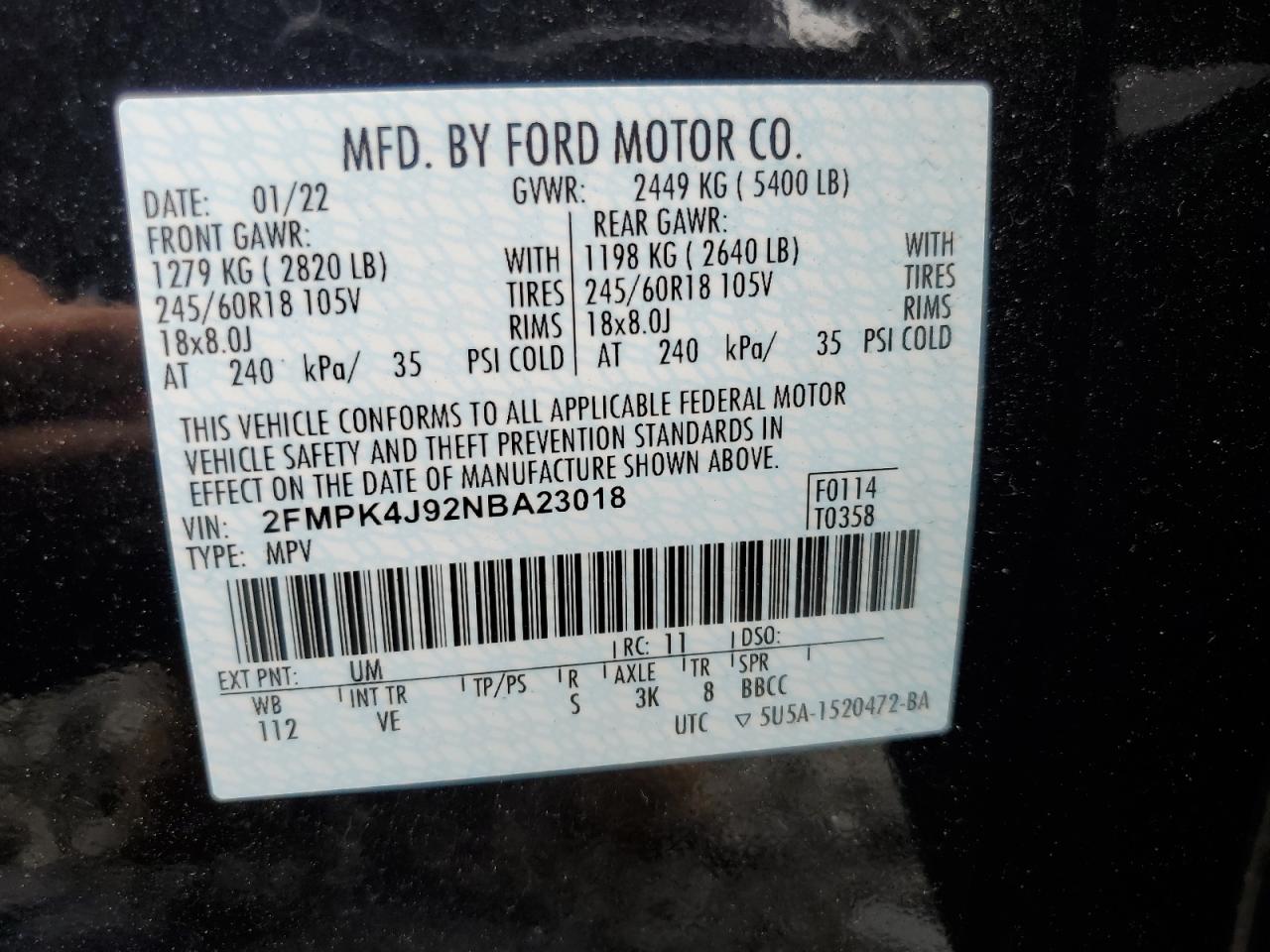 2022 Ford Edge Sel VIN: 2FMPK4J92NBA23018 Lot: 62130415