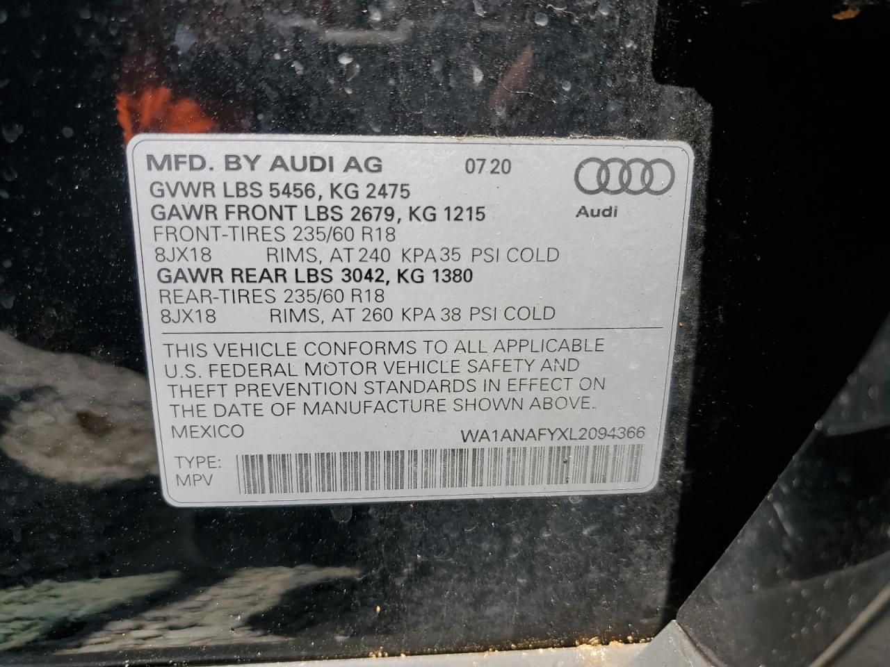 2020 Audi Q5 Premium VIN: WA1ANAFYXL2094366 Lot: 62155535