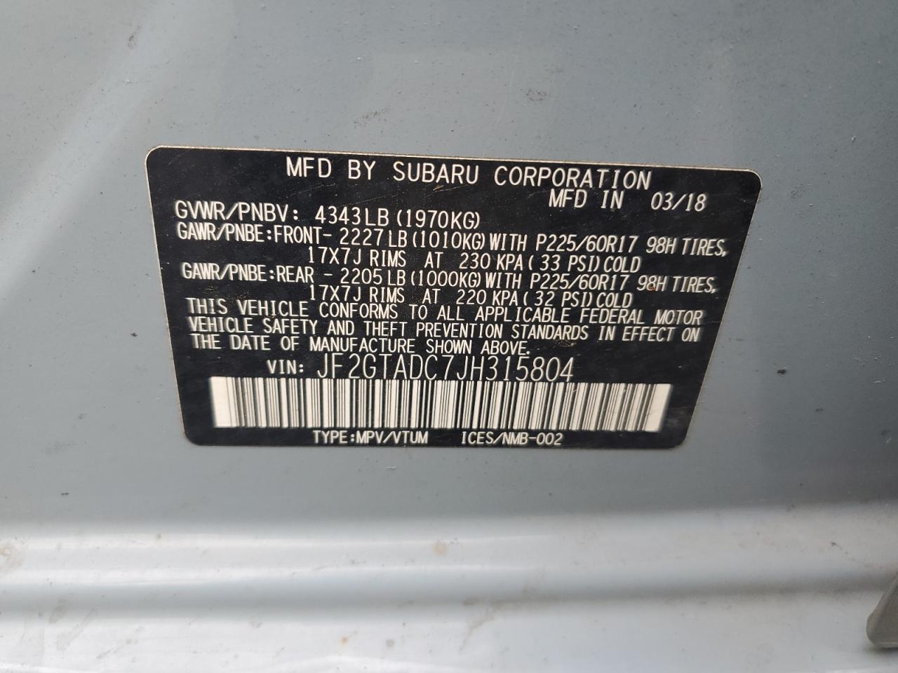 2018 Subaru Crosstrek Premium VIN: JF2GTADC7JH315804 Lot: 62381975