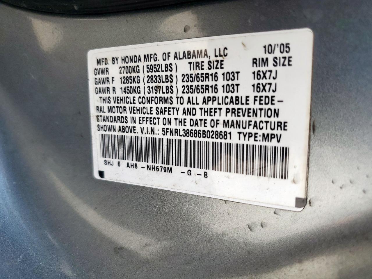 2006 Honda Odyssey Exl VIN: 5FNRL38686B028681 Lot: 61757845