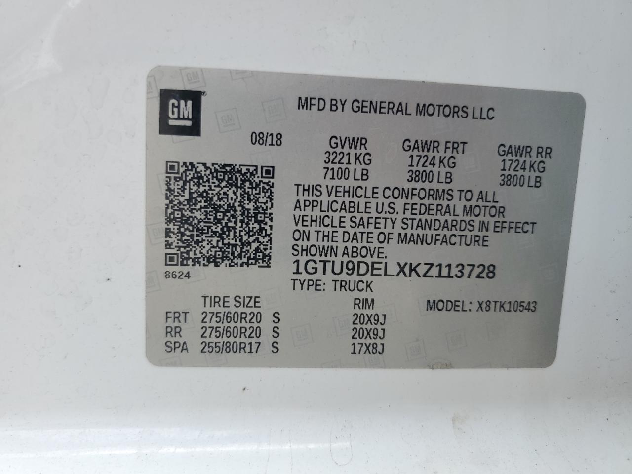 2019 GMC Sierra K1500 Slt VIN: 1GTU9DELXKZ113728 Lot: 62954705