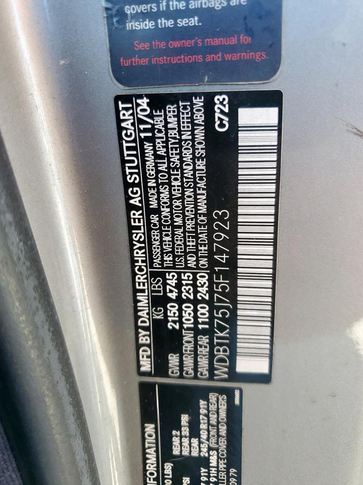 2005 Mercedes-Benz Clk 500 VIN: WDBTK75J75F147923 Lot: 53743485