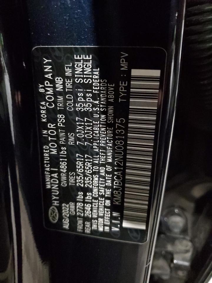 2022 Hyundai Tucson Blue VIN: KM8JBCA12NU081375 Lot: 60504725