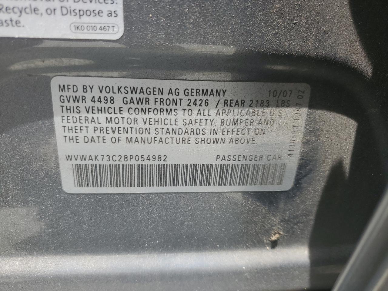 2008 Volkswagen Passat Komfort VIN: WVWAK73C28P054982 Lot: 61292325