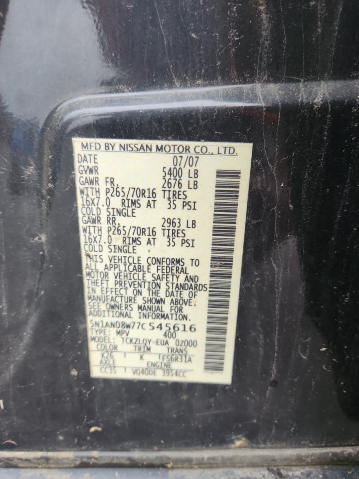 2007 Nissan Xterra Off Road VIN: 5N1AN08W77C545616 Lot: 62656945