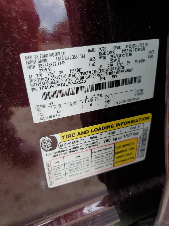 2020 Ford Expedition Max King Ranch VIN: 1FMJK1PT4LEA43540 Lot: 61487085