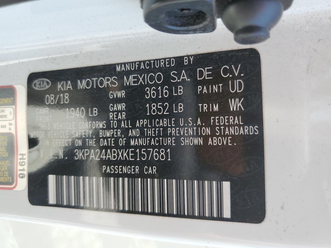 2019 Kia Rio S VIN: 3KPA24ABXKE157681 Lot: 62223385