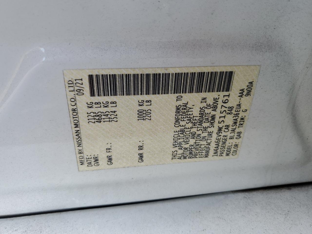 2021 Nissan Maxima Sr VIN: 1N4AA6EV9MC515761 Lot: 62694455