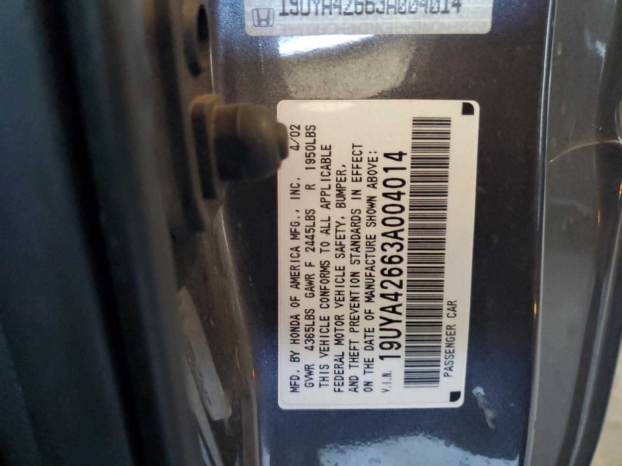2003 Acura 3.2Cl Type-S VIN: 19UYA42663A004014 Lot: 62613195