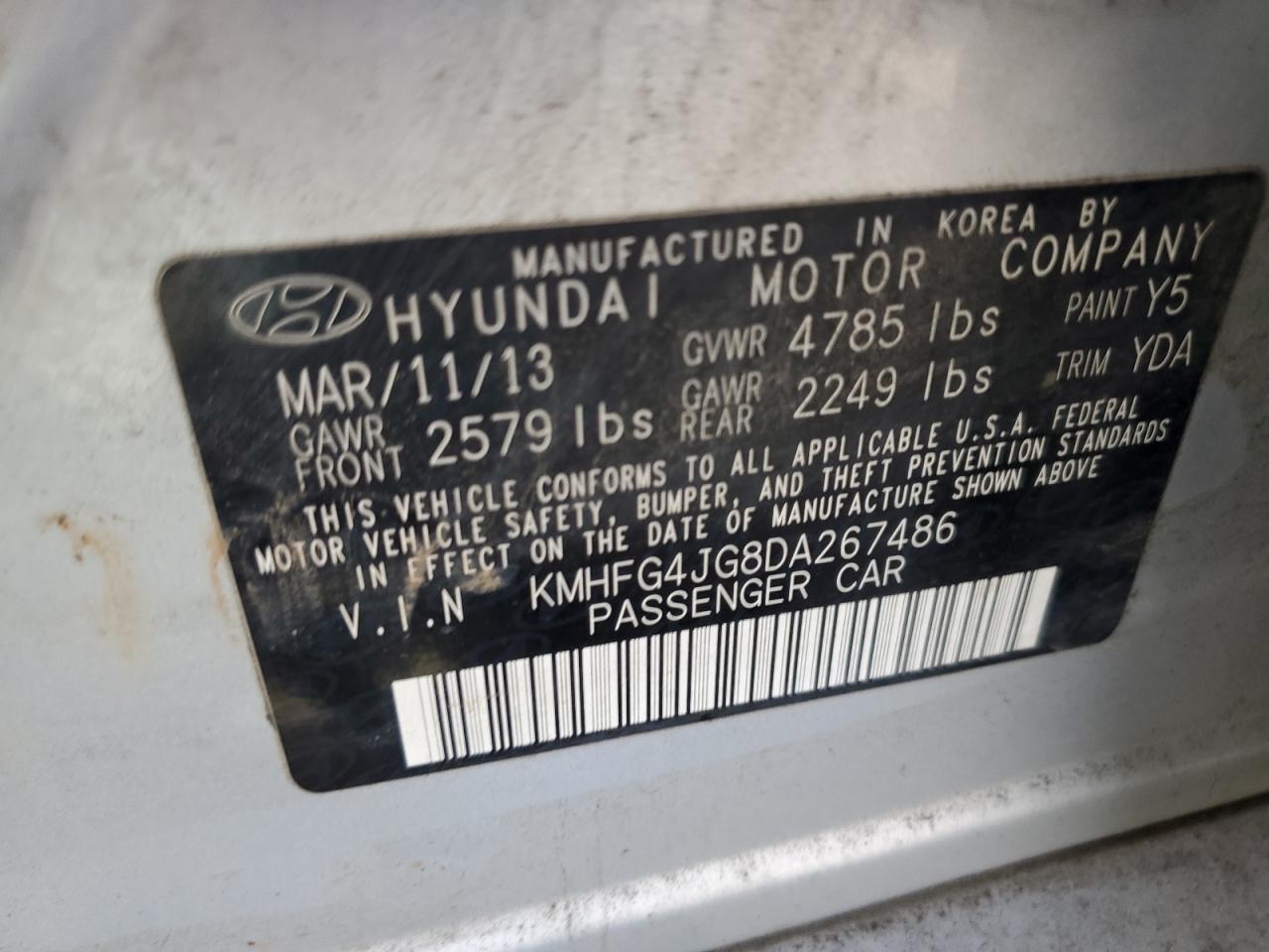 2013 Hyundai Azera VIN: KMHFG4JG8DA267486 Lot: 60360925