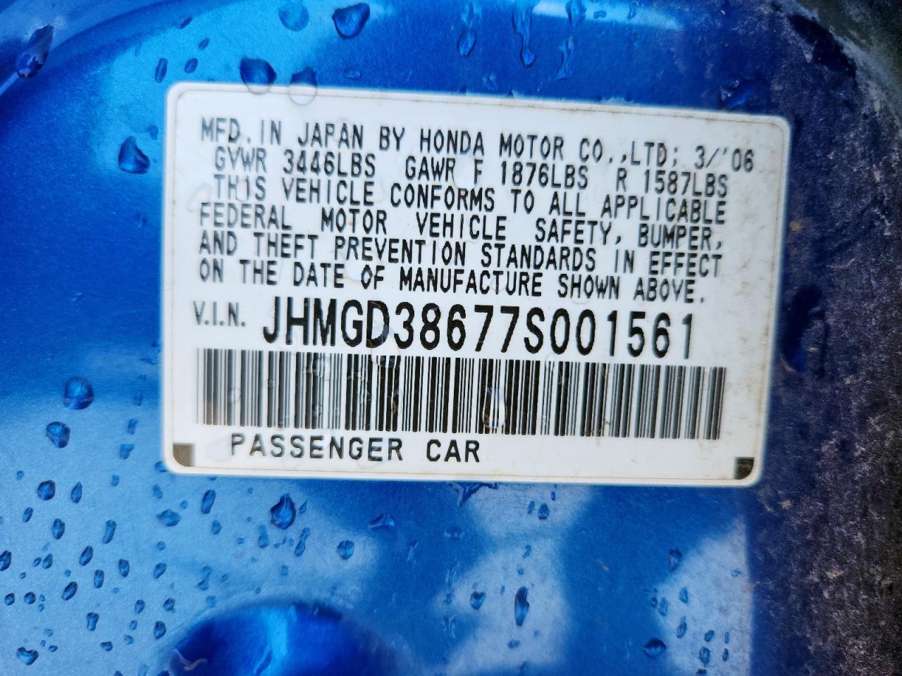 2007 Honda Fit S VIN: JHMGD38677S001561 Lot: 60929645