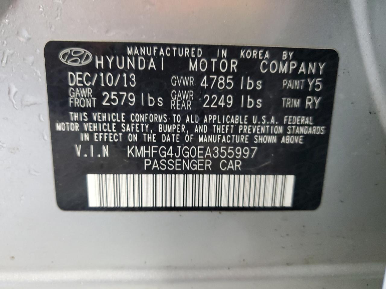 2014 Hyundai Azera VIN: KMHFG4JG0EA355997 Lot: 59851335