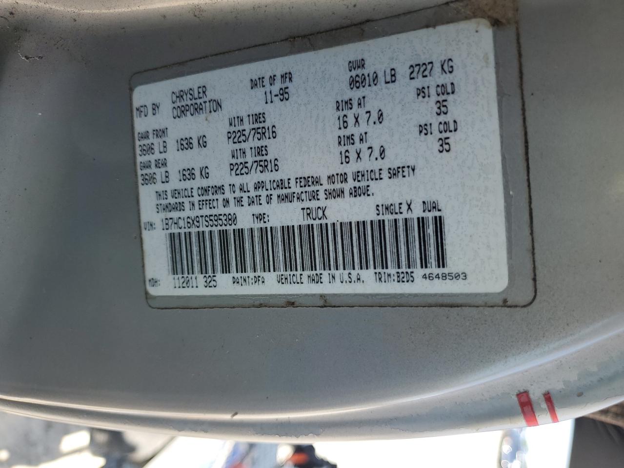 1996 Dodge Ram 1500 VIN: 1B7HC16X9TS595380 Lot: 61574045