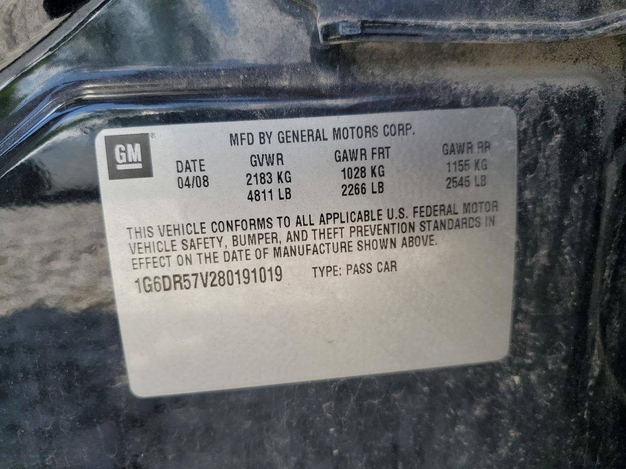 2008 Cadillac Cts Hi Feature V6 VIN: 1G6DR57V280191019 Lot: 61727075