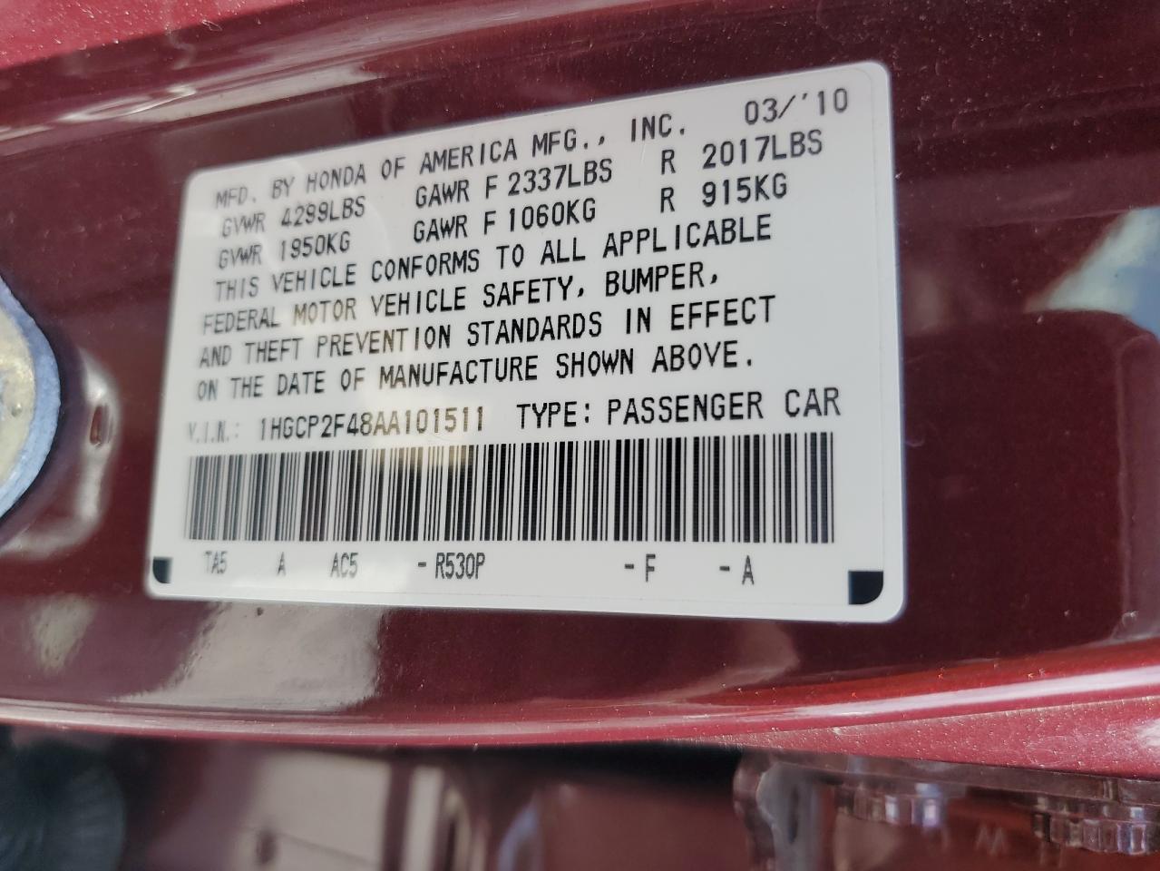 2010 Honda Accord Lxp VIN: 1HGCP2F48AA101511 Lot: 60866395