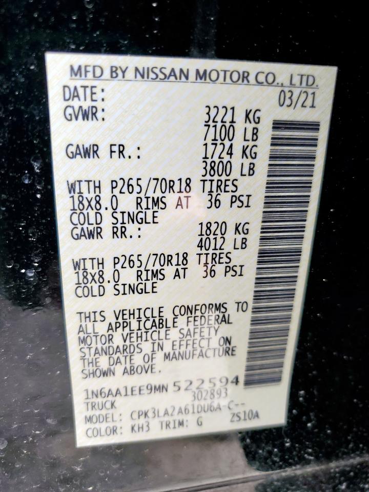 2021 Nissan Titan S VIN: 1N6AA1EE9MN522594 Lot: 58622125
