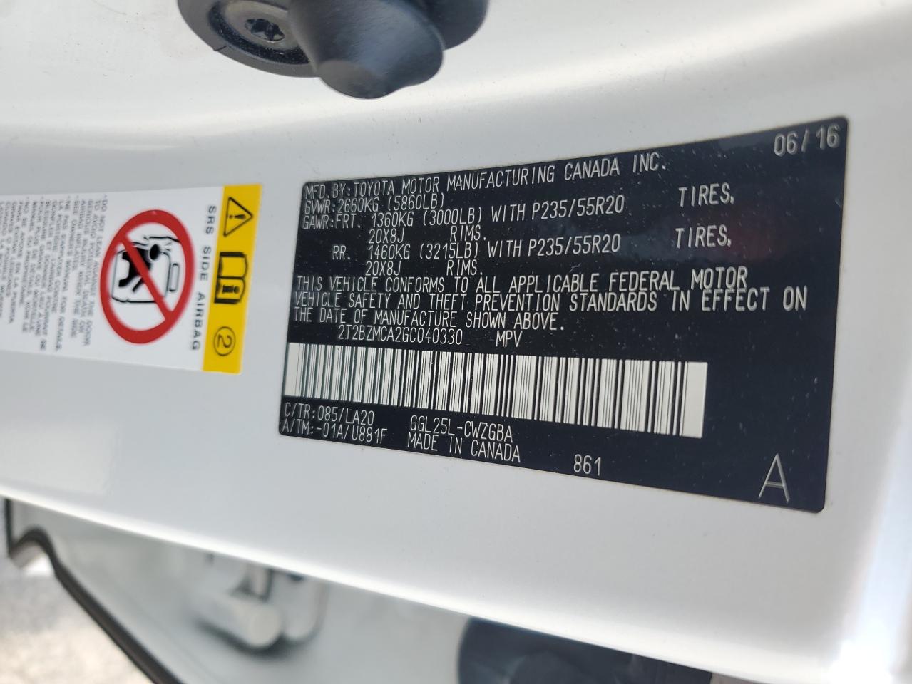 2016 Lexus Rx 350 Base VIN: 2T2BZMCA2GC040330 Lot: 62595755