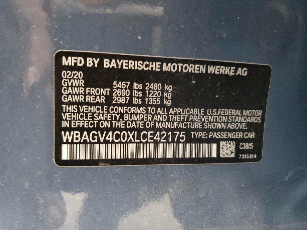 2020 BMW 840Xi VIN: WBAGV4C0XLCE42175 Lot: 61633445