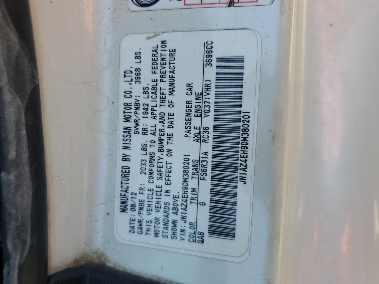 2013 Nissan 370Z Base VIN: JN1AZ4EH9DM380201 Lot: 60327995