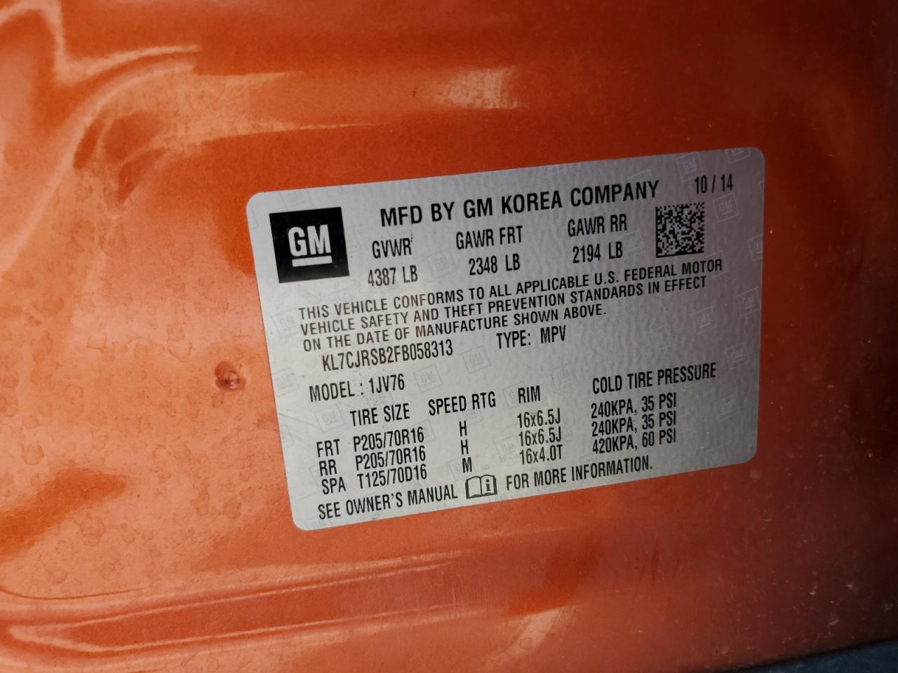 2015 Chevrolet Trax 1Lt VIN: KL7CJRSB2FB058313 Lot: 61798175