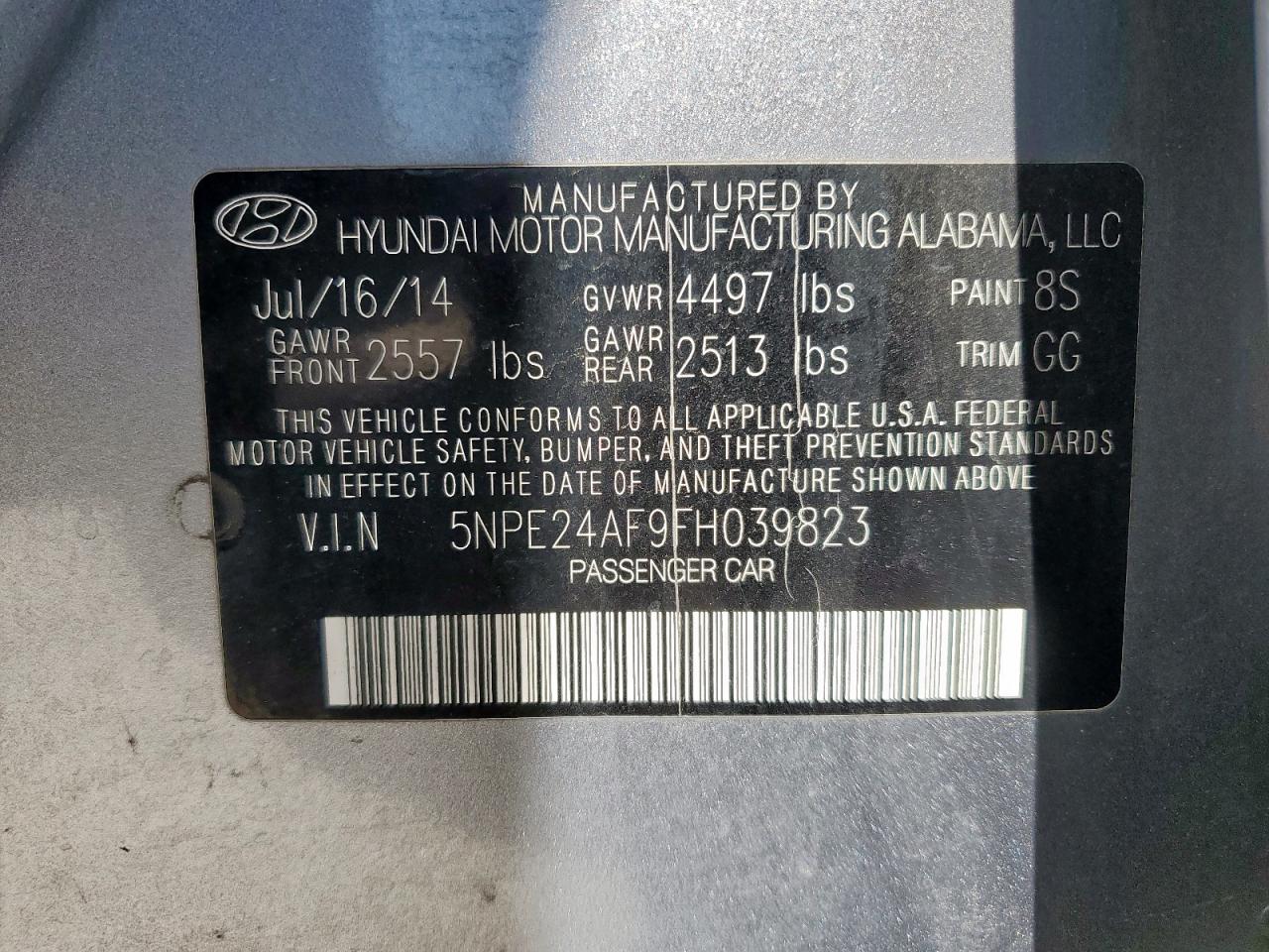 2015 Hyundai Sonata Se VIN: 5NPE24AF9FH039823 Lot: 62842575
