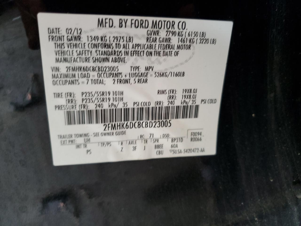 2012 Ford Flex Limited VIN: 2FMHK6DC8CBD23005 Lot: 59703215