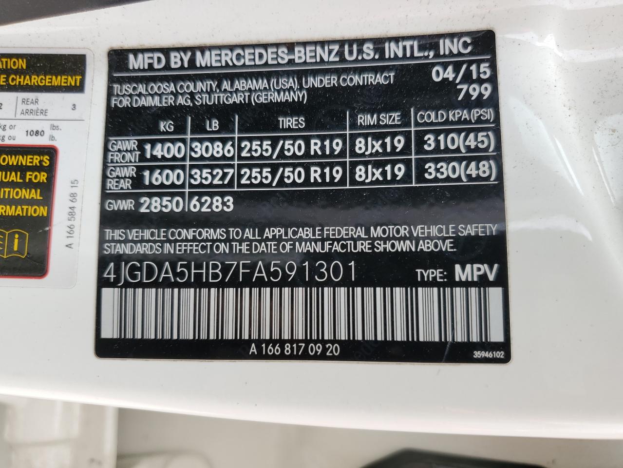 2015 Mercedes-Benz Ml 350 4Matic VIN: 4JGDA5HB7FA591301 Lot: 60818605