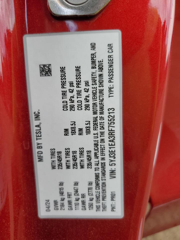 2024 Tesla Model 3 VIN: 5YJ3E1EA3RF755213 Lot: 61190705