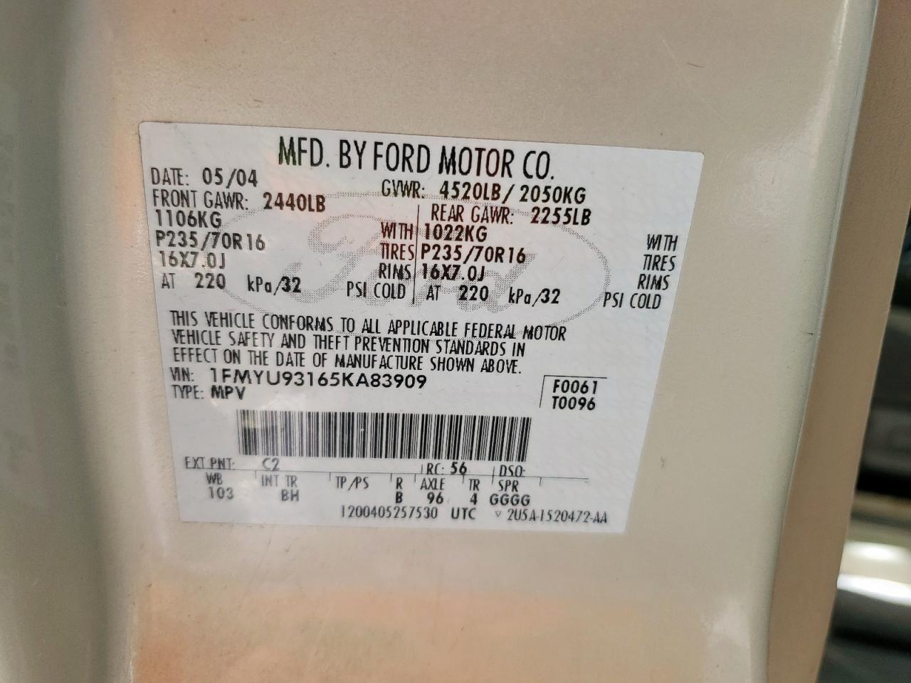 2005 Ford Escape Xlt VIN: 1FMYU93165KA83909 Lot: 61267145