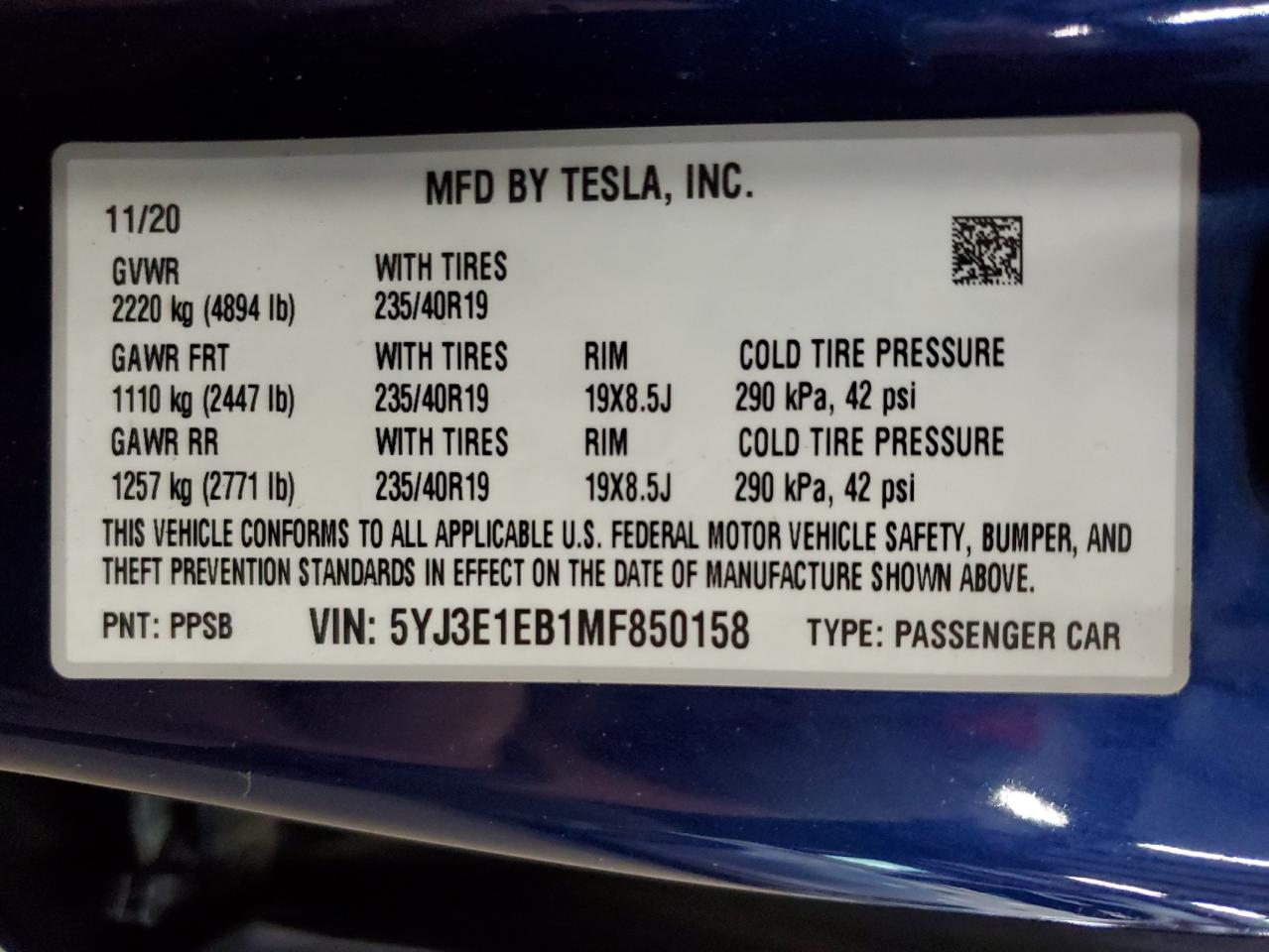 2021 Tesla Model 3 VIN: 5YJ3E1EB1MF850158 Lot: 62460635