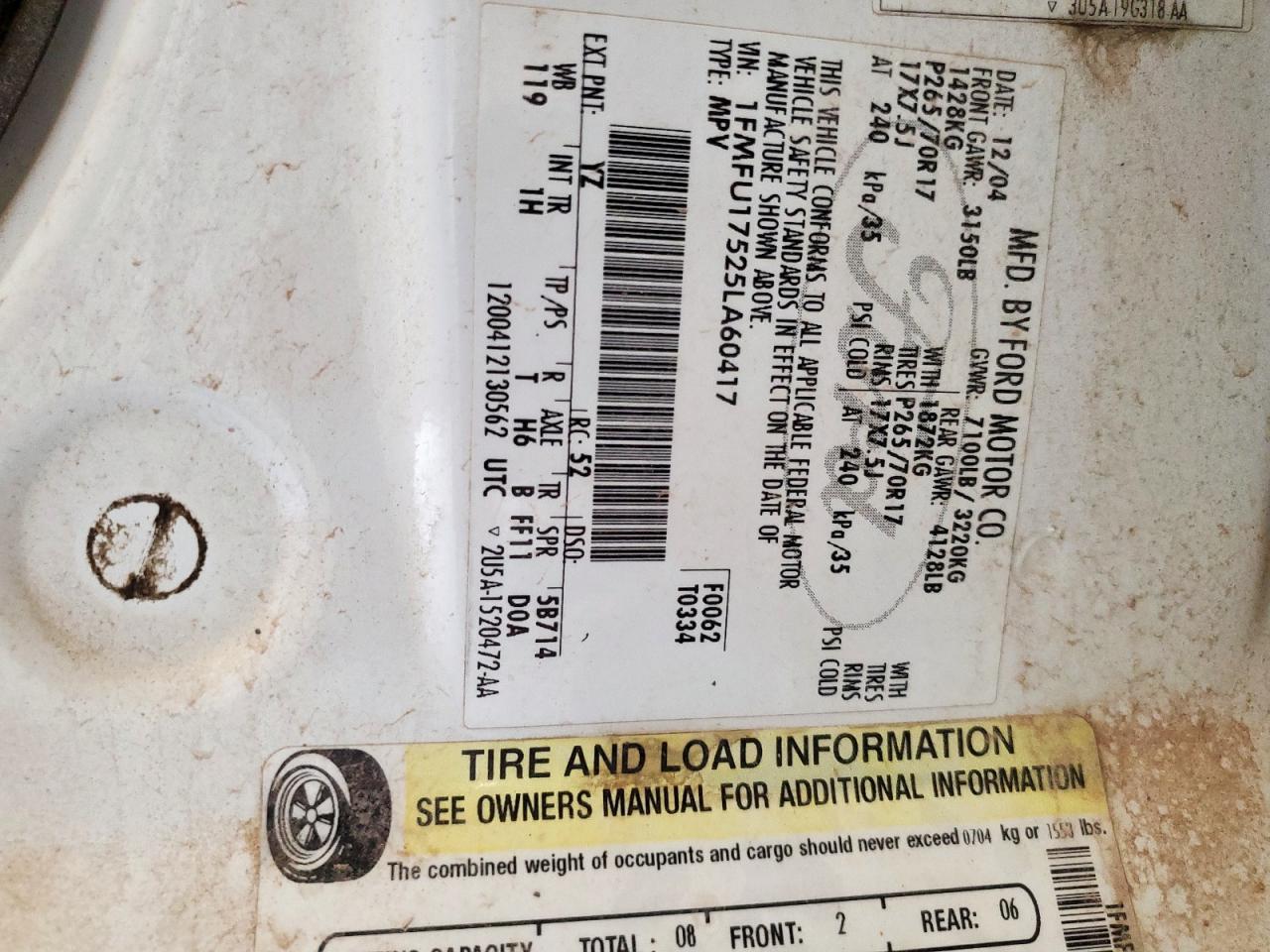 2005 Ford Expedition Eddie Bauer VIN: 1FMFU17525LA60417 Lot: 61835625