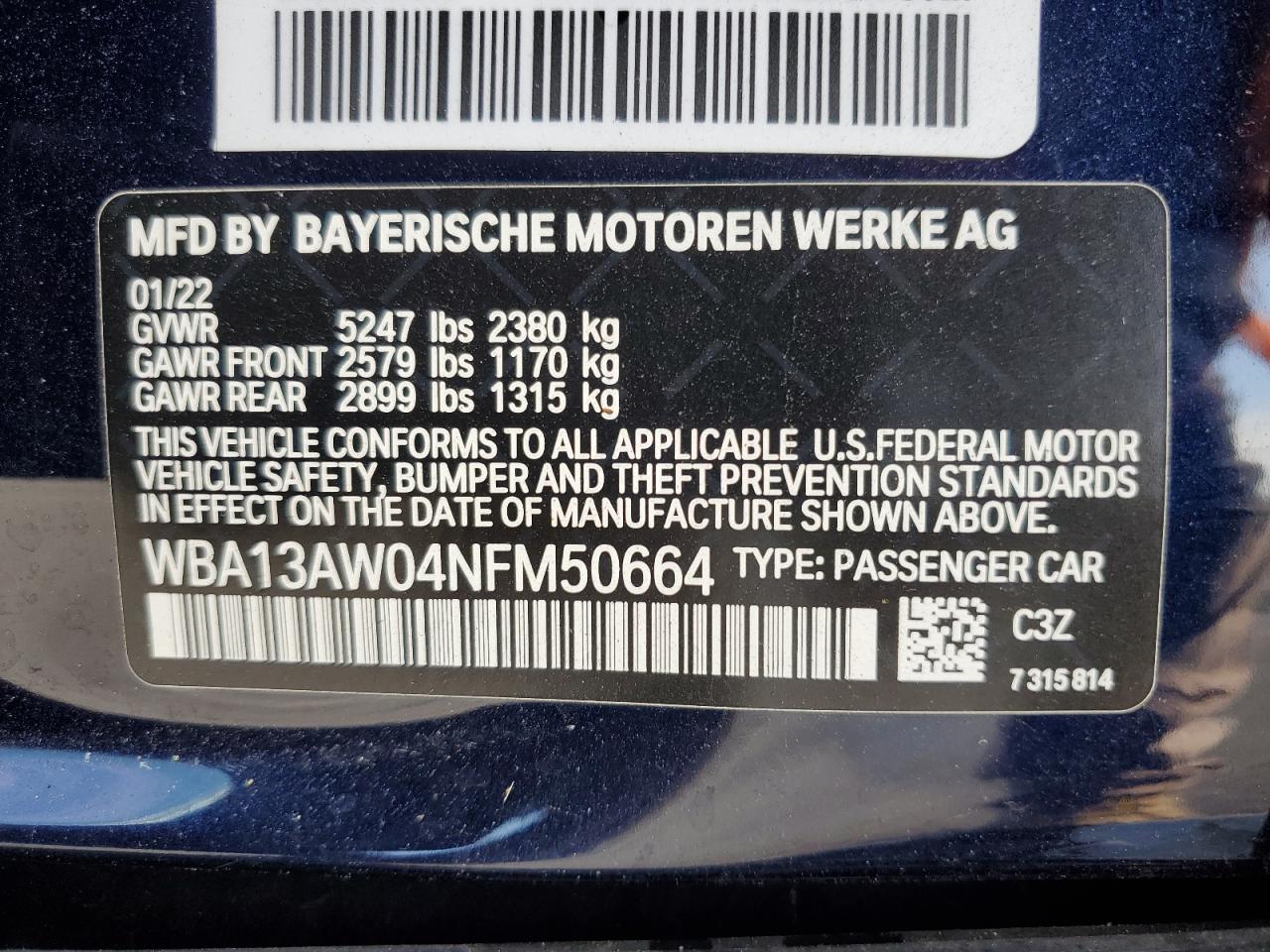 2022 BMW M440Xi Gran Coupe VIN: WBA13AW04NFM50664 Lot: 61173925