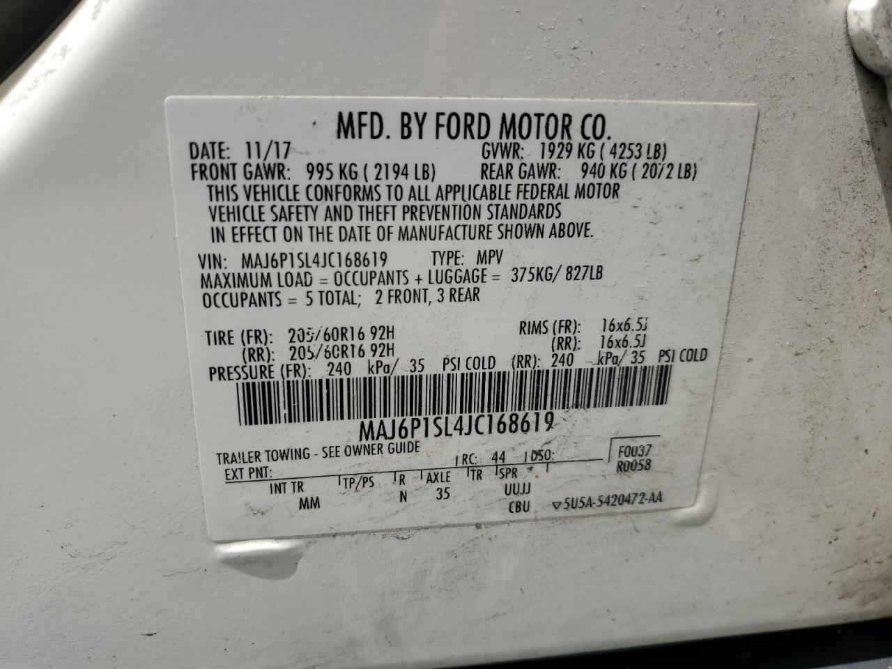 2018 Ford Ecosport S VIN: MAJ6P1SL4JC168619 Lot: 62457175