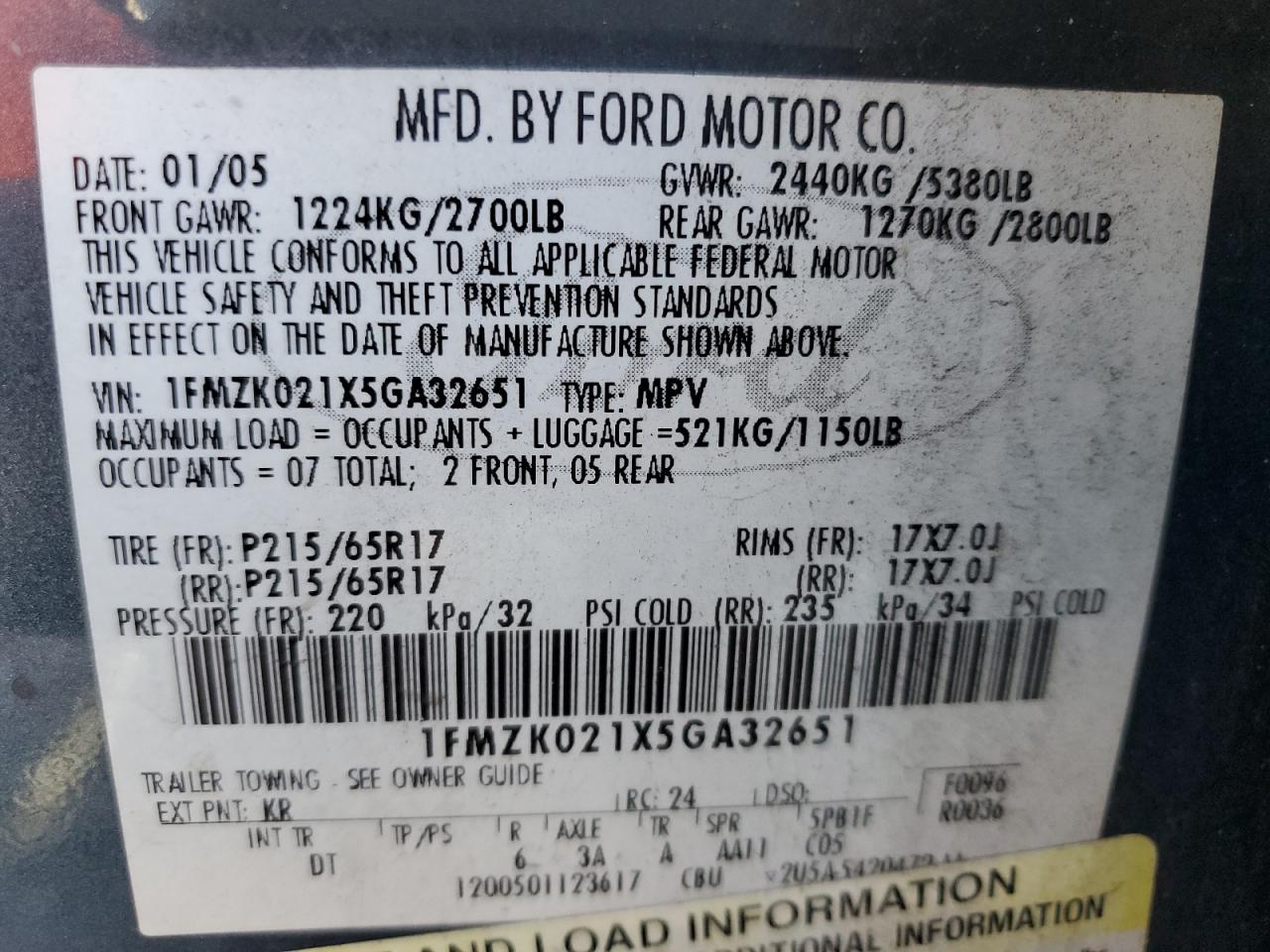 2005 Ford Freestyle Sel VIN: 1FMZK021X5GA32651 Lot: 62632635