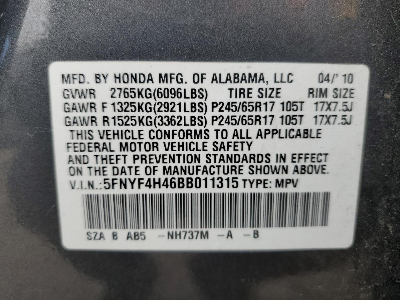 2011 Honda Pilot Ex VIN: 5FNYF4H46BB011315 Lot: 61412225