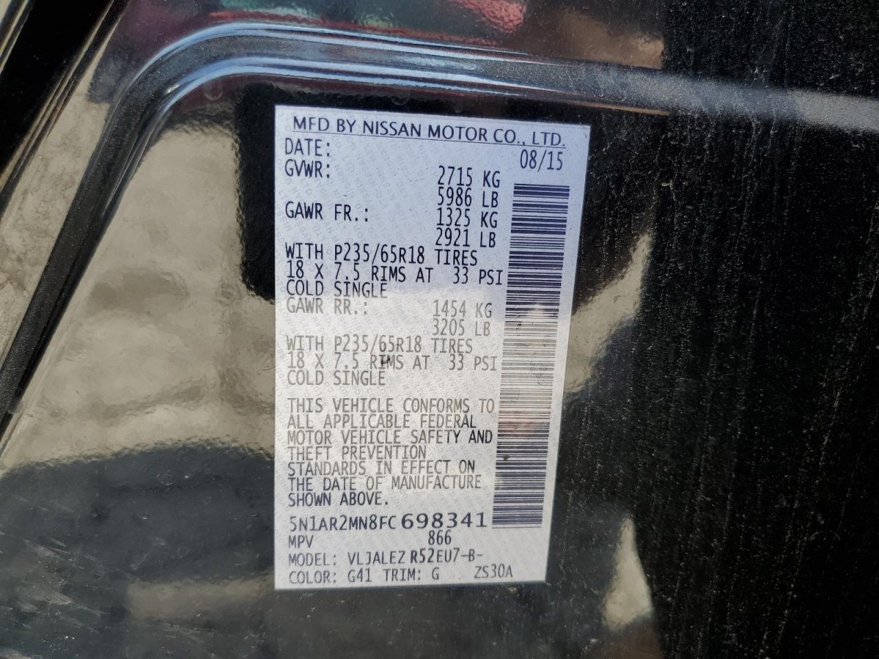 2015 Nissan Pathfinder S VIN: 5N1AR2MN8FC698341 Lot: 62870365