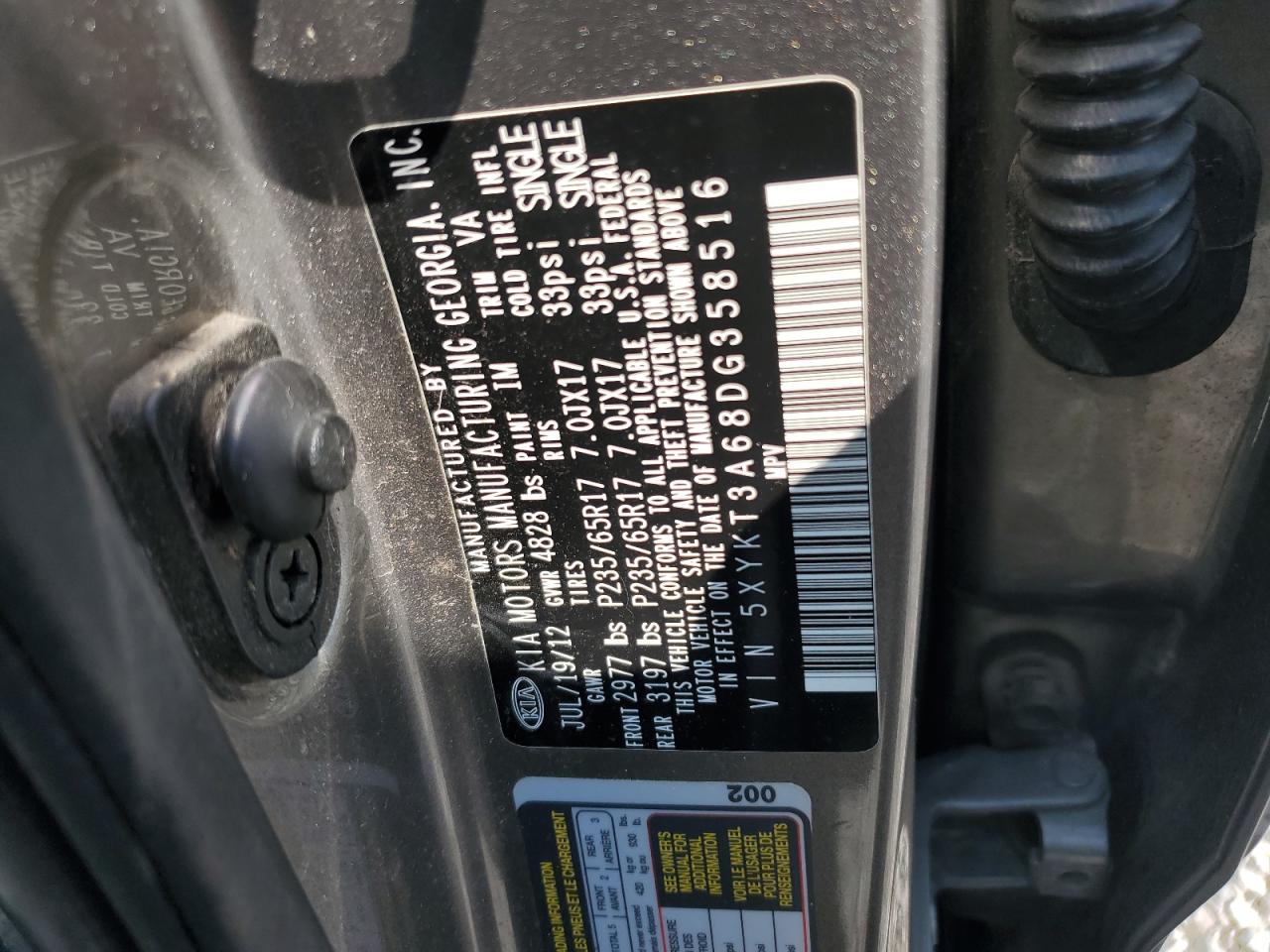 2013 Kia Sorento Lx VIN: 5XYKT3A68DG358516 Lot: 61806625